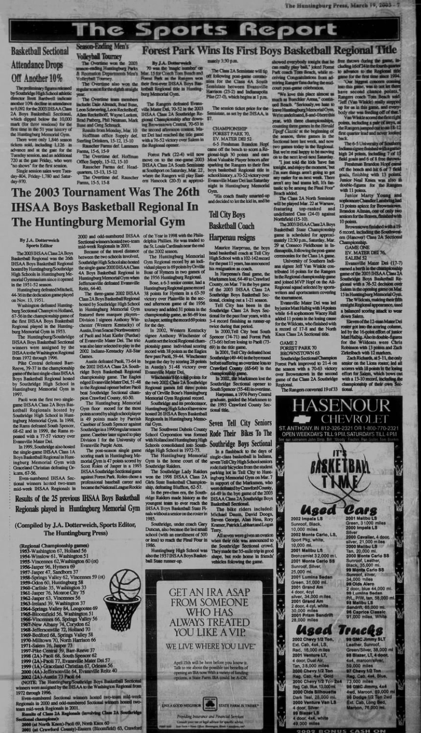 Huntingburg Press Regional Recap March 2003; History of Huntingburg Memorial Gym