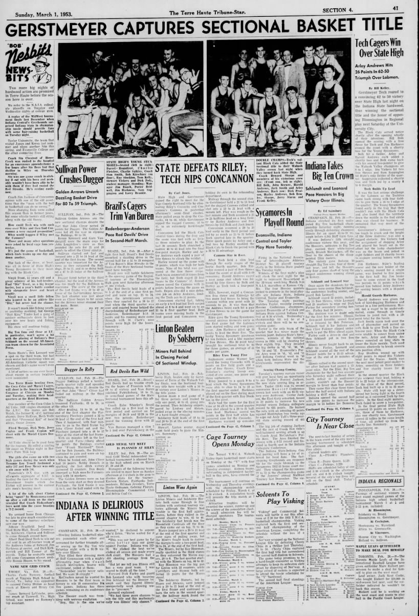 The Terre Haute Tribune-Star 3-1-1953..Gertsmeyer, State High, Riley, Concannon, Linton, Dugger, Farmersburg, Brazil, Freedom…Indiana Takes Big Ten Crown!