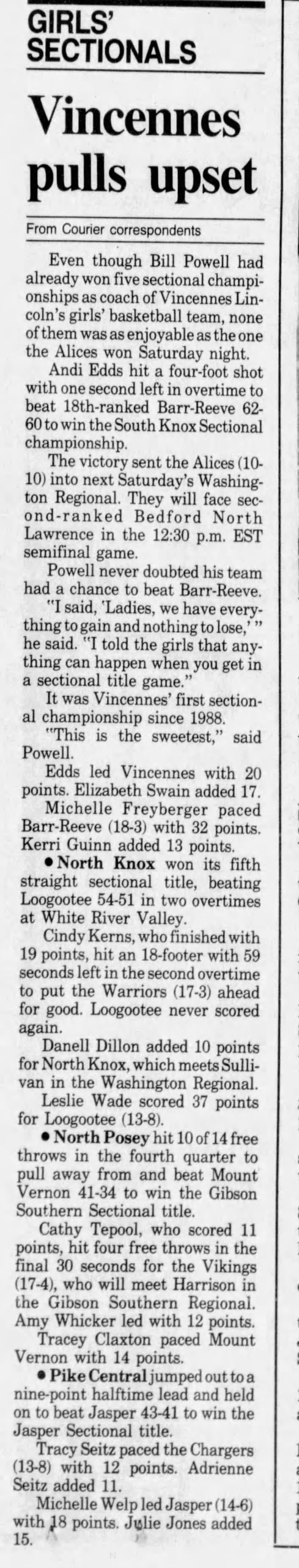 1992 SW Indiana Girls’ Sectional Results