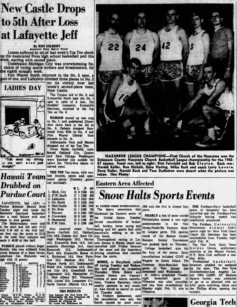 1967 HS Basketball Poll with Also Received Votes And The First Church of the Nazarenes are Champs in Delaware County!