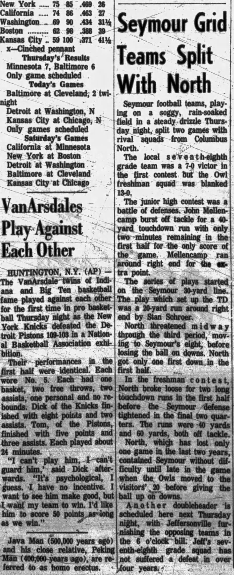 The VanArsdales and Mellencamp Share the Seymour Daily Tribune in October of 1965