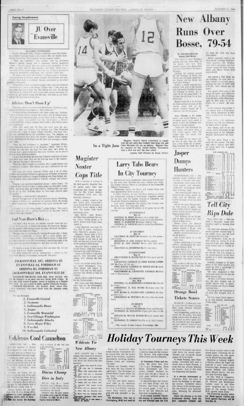 Dec. 21, 1969 Intersting Stories in Sunday Evansville Courier & Press…interesting note 4 of top 5 High School Teams are from Southern Indiana: Evansville Central & Memorial, Seymour and Jasper