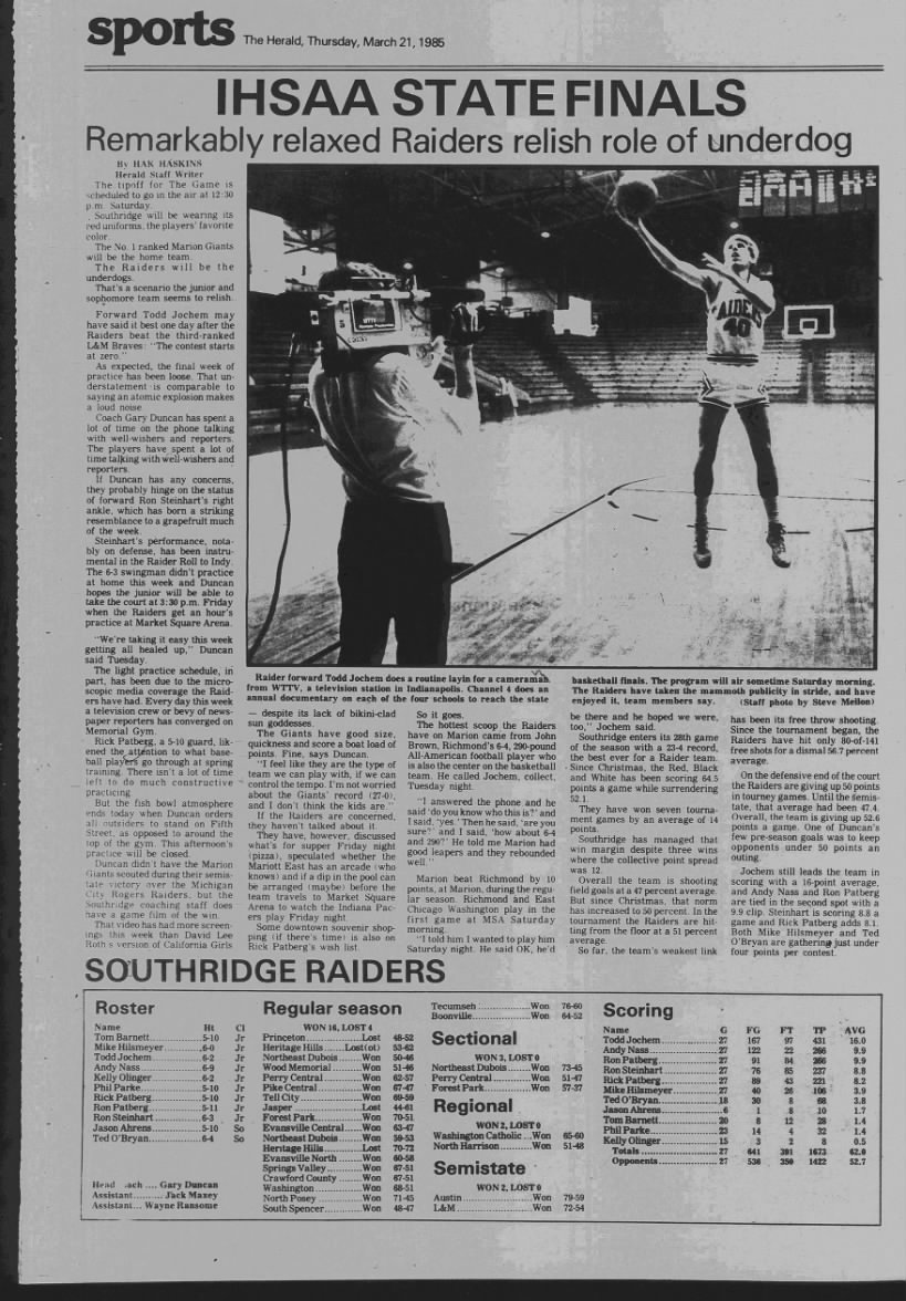 1985 Southridge Raiders Only Team to Reach Indiana State Finals Without A Senior on the Roster (AI source)