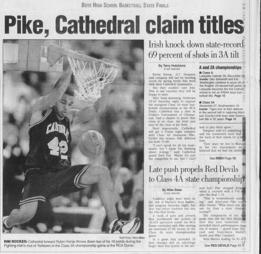 Pike over Marion; Cathedral beats Yorktown; Alexandria tops Southwestern; Laf. Catholic defeats Bloomfield 1998 First Class Basketball State Championship